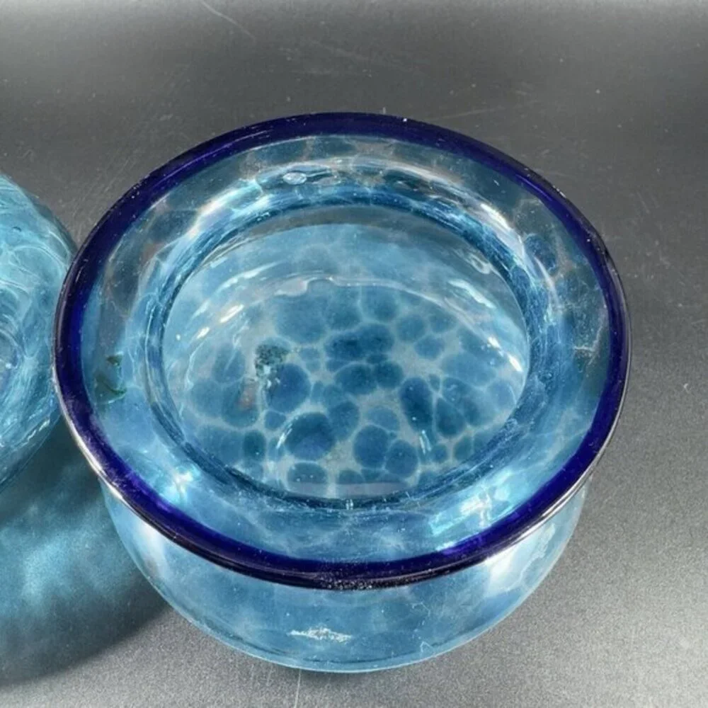 Hand Blown Glass Canister Jar With Lid Blue Frosted Bottom Hand‎ Made In Mexico